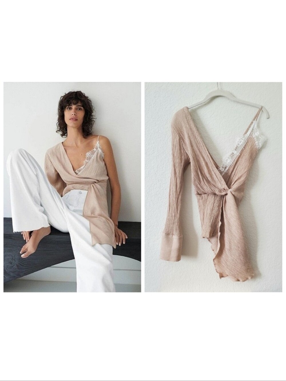 Zara Tan Crinkle Stretch Asymmetrical Lace Top Blouse XS Blogger Favorite